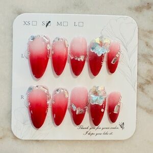 Red Ombre Press-On Nails with Rhinestones